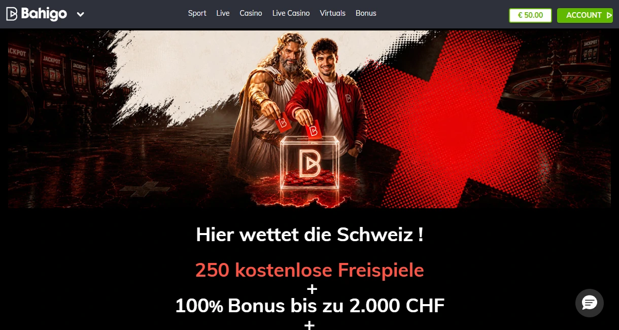 Screenshot der Bahigo Online-Casino-Webseite auf Deutsch. Im oberen Bereich werden Promotion-Banner für "Magischer Mittwoch", Freispiele, "Bahigo Gods" und "Pascal Gaming" angezeigt. Darunter befindet sich eine Symbolleiste für verschiedene Spielkategorien und eine Liste der "Top 10 Schweiz" Slots wie "Ra vs Isis", "Arizona" und "Anubis". Der Kontostand beträgt €50,00.